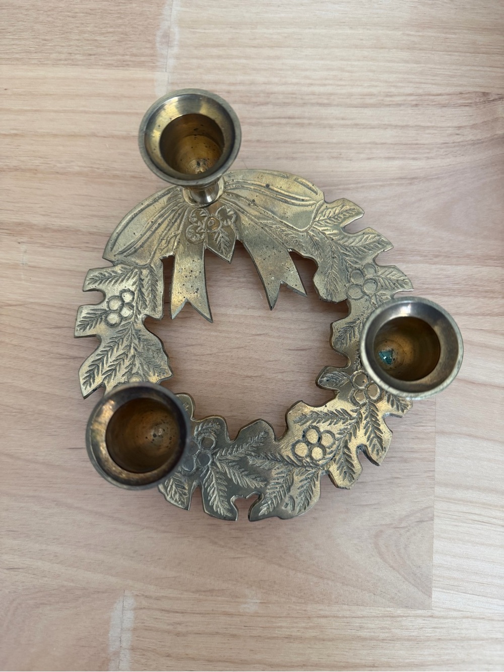 vintage brass Christmas wreath centerpiece candle holder for taper candles